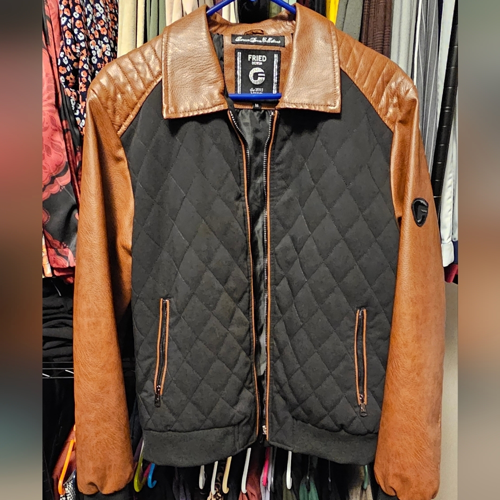 EUC Men's Black and Brown Quilted And Faux Leather Jacket Sz M